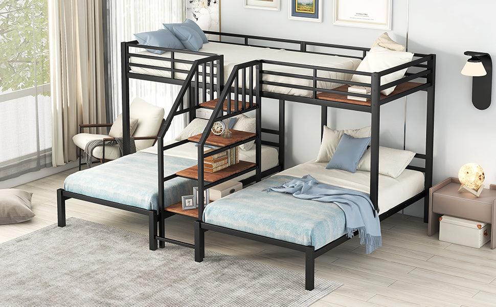 Metal Twin Over Twin & Twin Bunk Bed With Storage Shelves