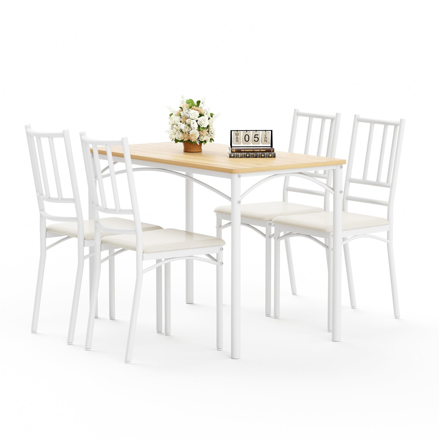 Industrial white bar table set with four benches.