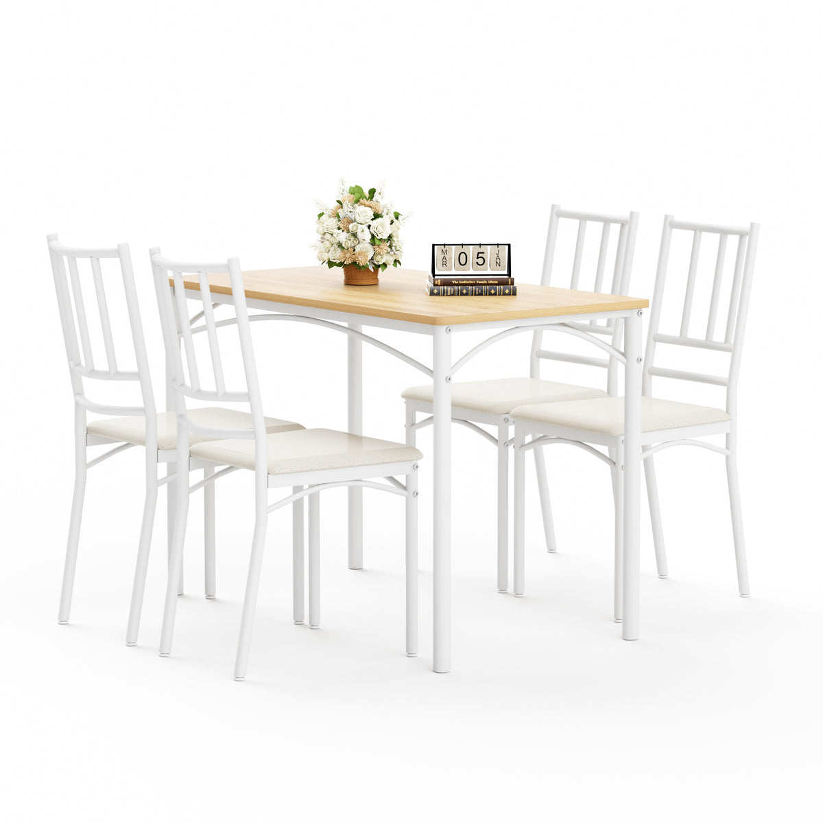 Industrial bar table set with natural white finish and four benches.