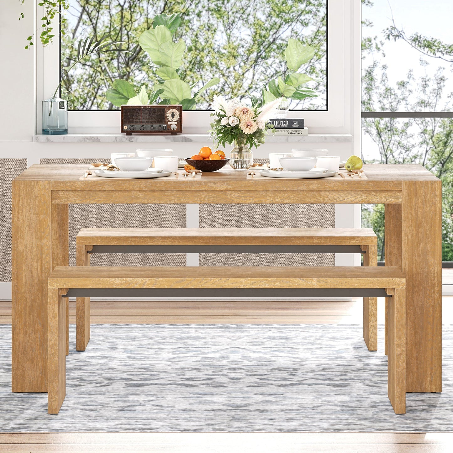 Farmhouse Style Simple Dining Set with Table and Benches