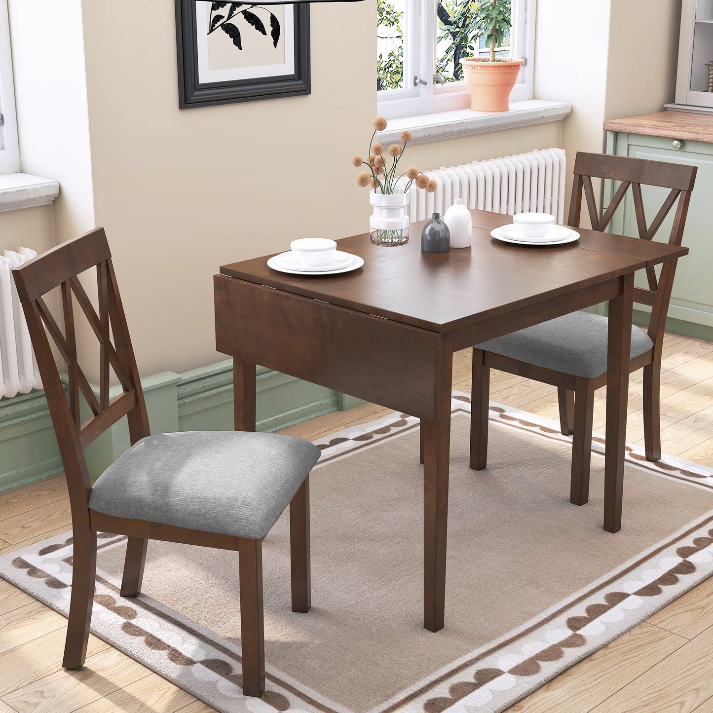 3 Piece Kitchen Dining Set with Drop Leaf Table and 2 Chairs