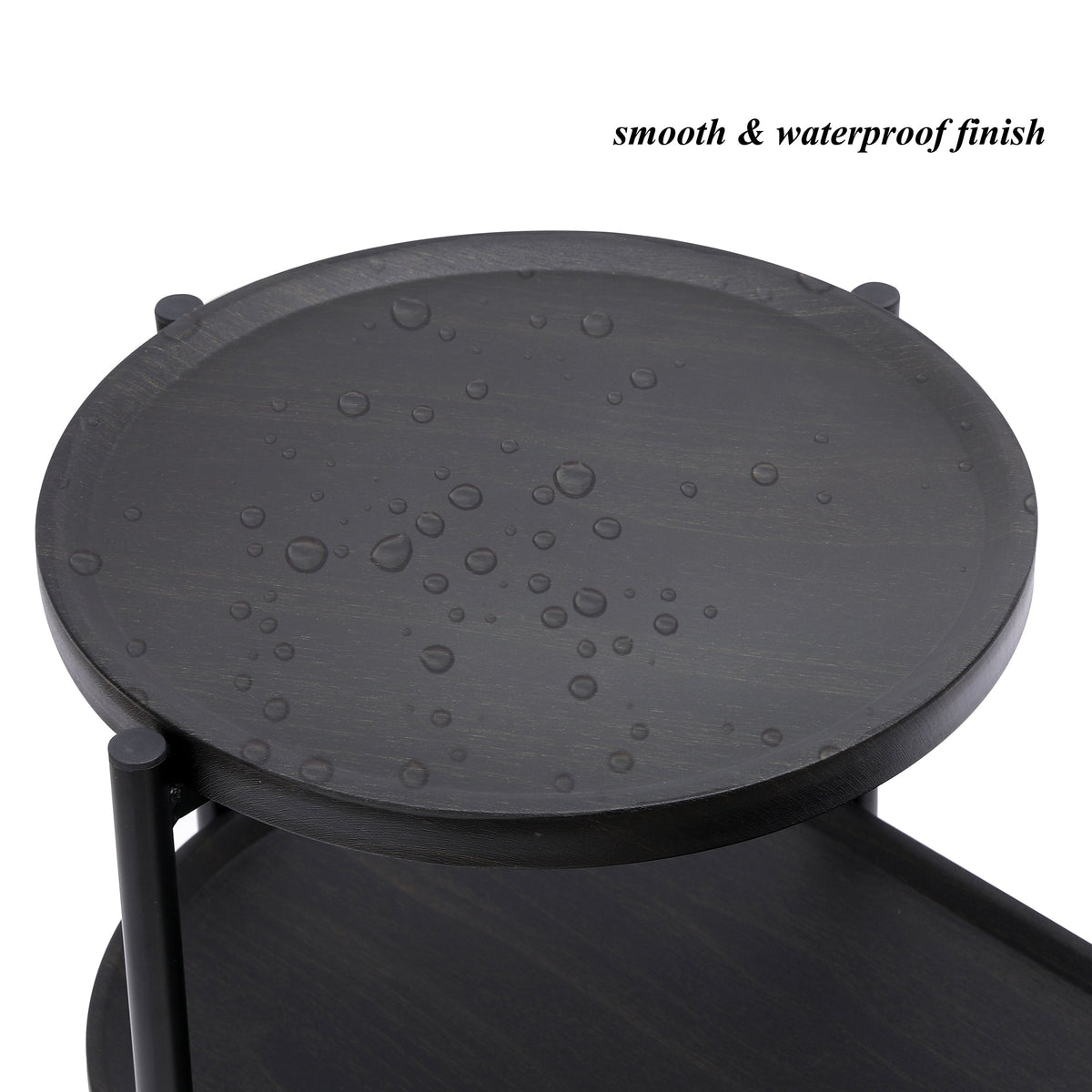 Two-tier round coffee table with oval storage tray and end table function.
