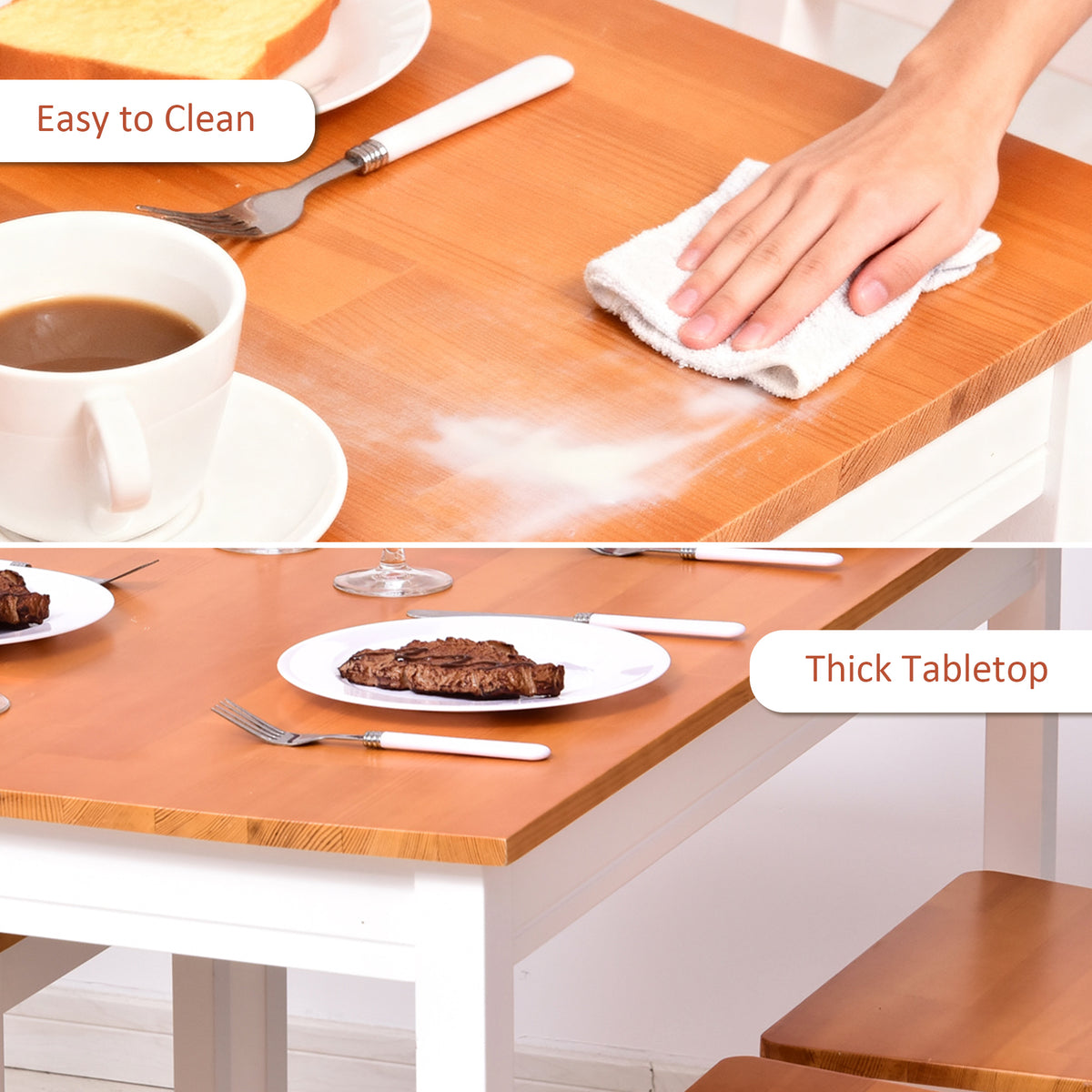 White solid wood dining set for four with modern table and chairs.