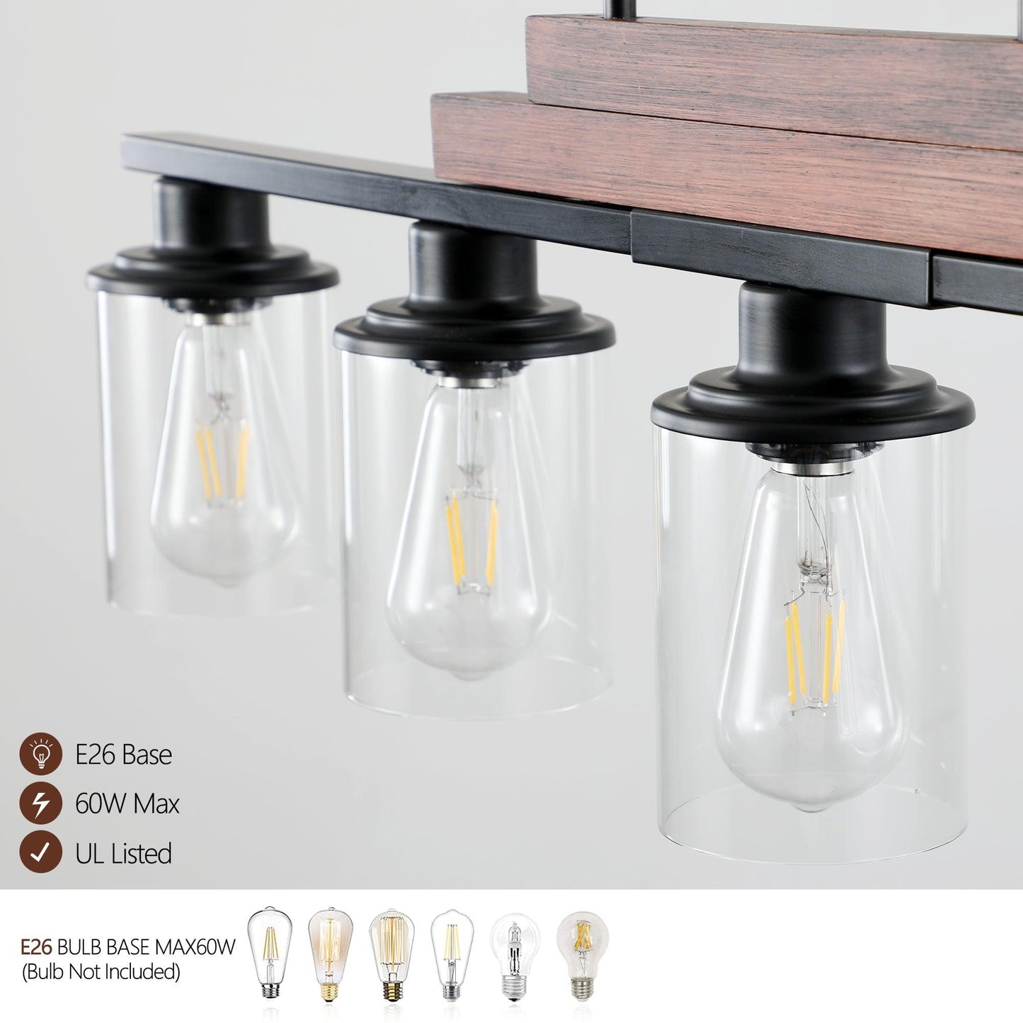 Adjustable 5-Light Farmhouse Industrial Pendant Chandelier with Clear Glass Shades for Kitchen and Dining Spaces