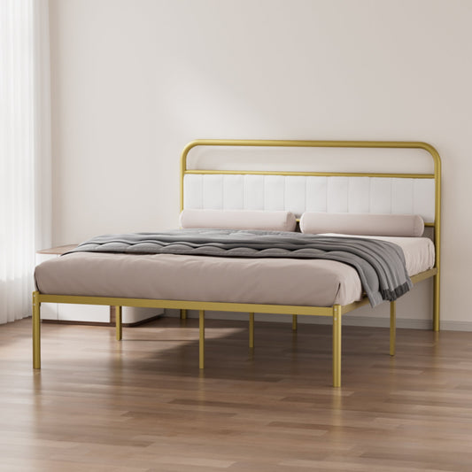 Metal Steel Platform Bed Frame with Upholstered Headboard - Gold