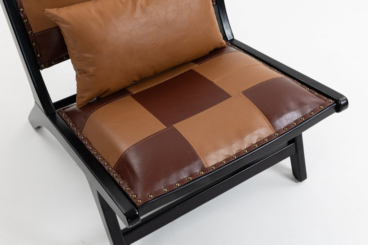 Brown PU leather armchair with modern boho Scandinavian design for living room.