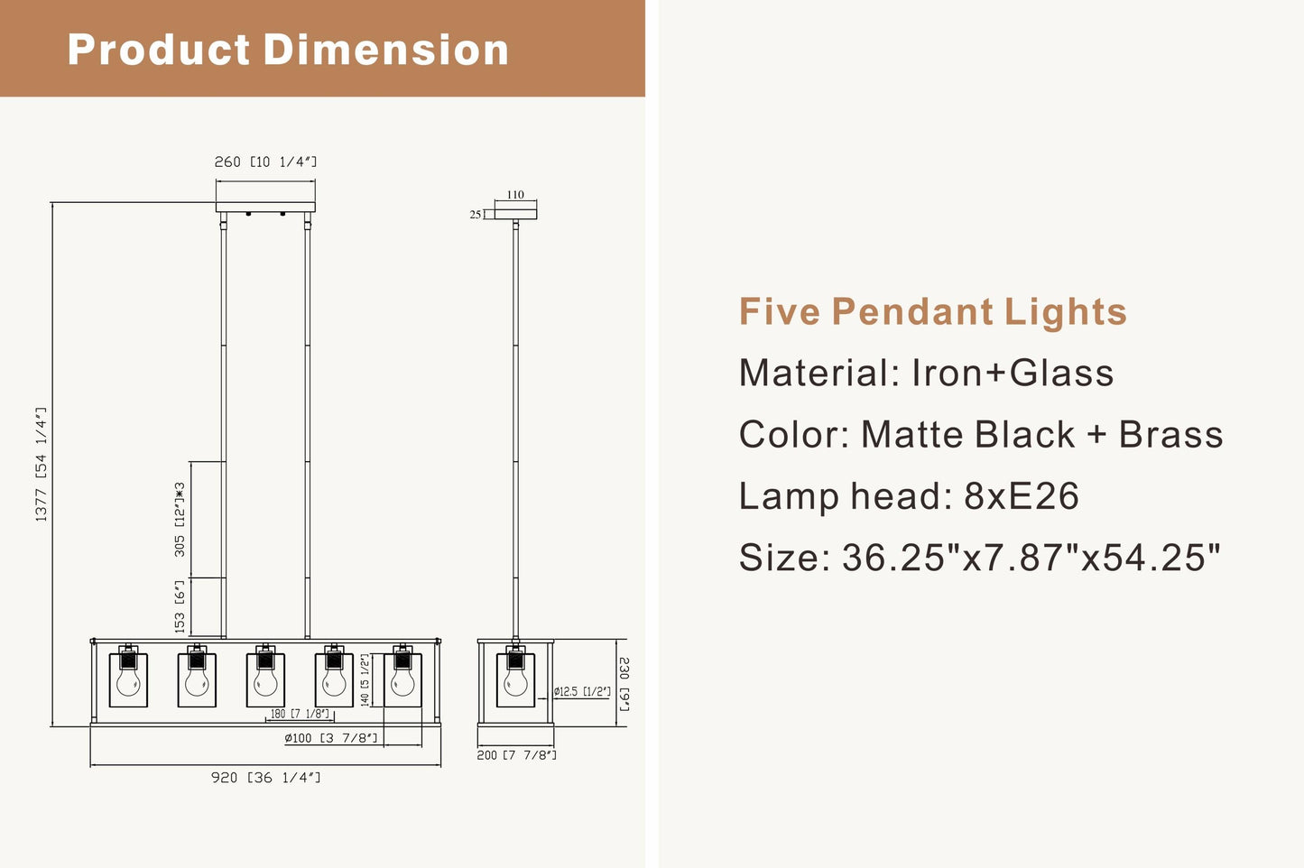 5-Light Distinctive Industrial Farmhouse Rectangular Pendant Chandelier with Clear Glass Shade in Antique Brass and Matte Black Finish for Dining Room and Kitchen Island