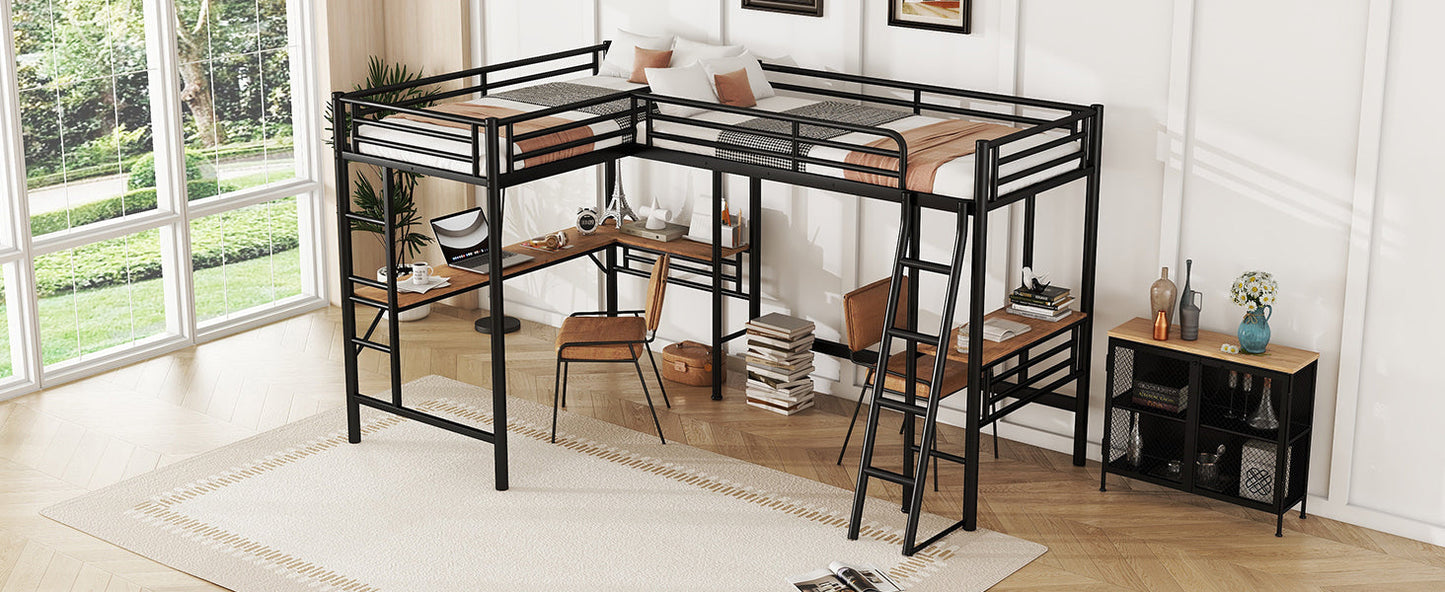 Twin Size Metal Loft Bed With Two Built-in Desks Black