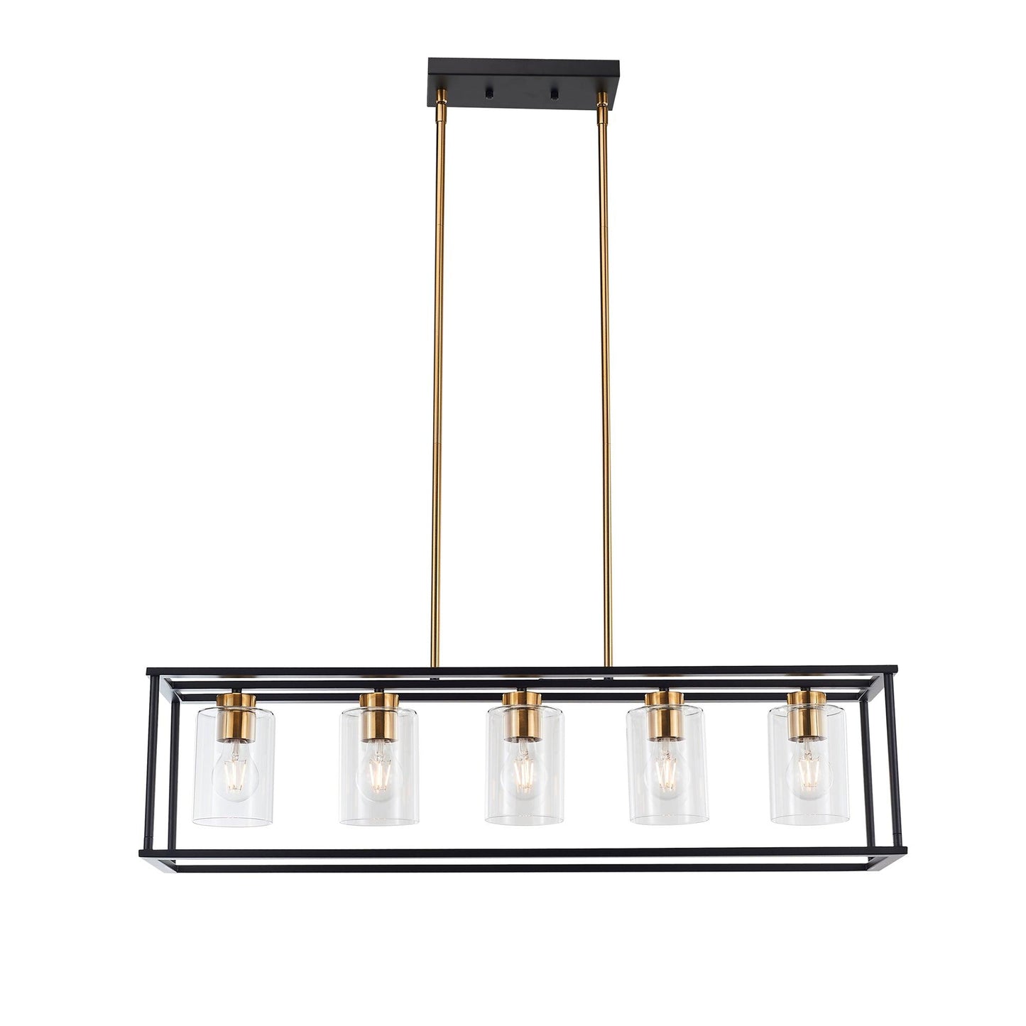 5-Light Distinctive Industrial Farmhouse Rectangular Pendant Chandelier with Clear Glass Shade in Antique Brass and Matte Black Finish for Dining Room and Kitchen Island