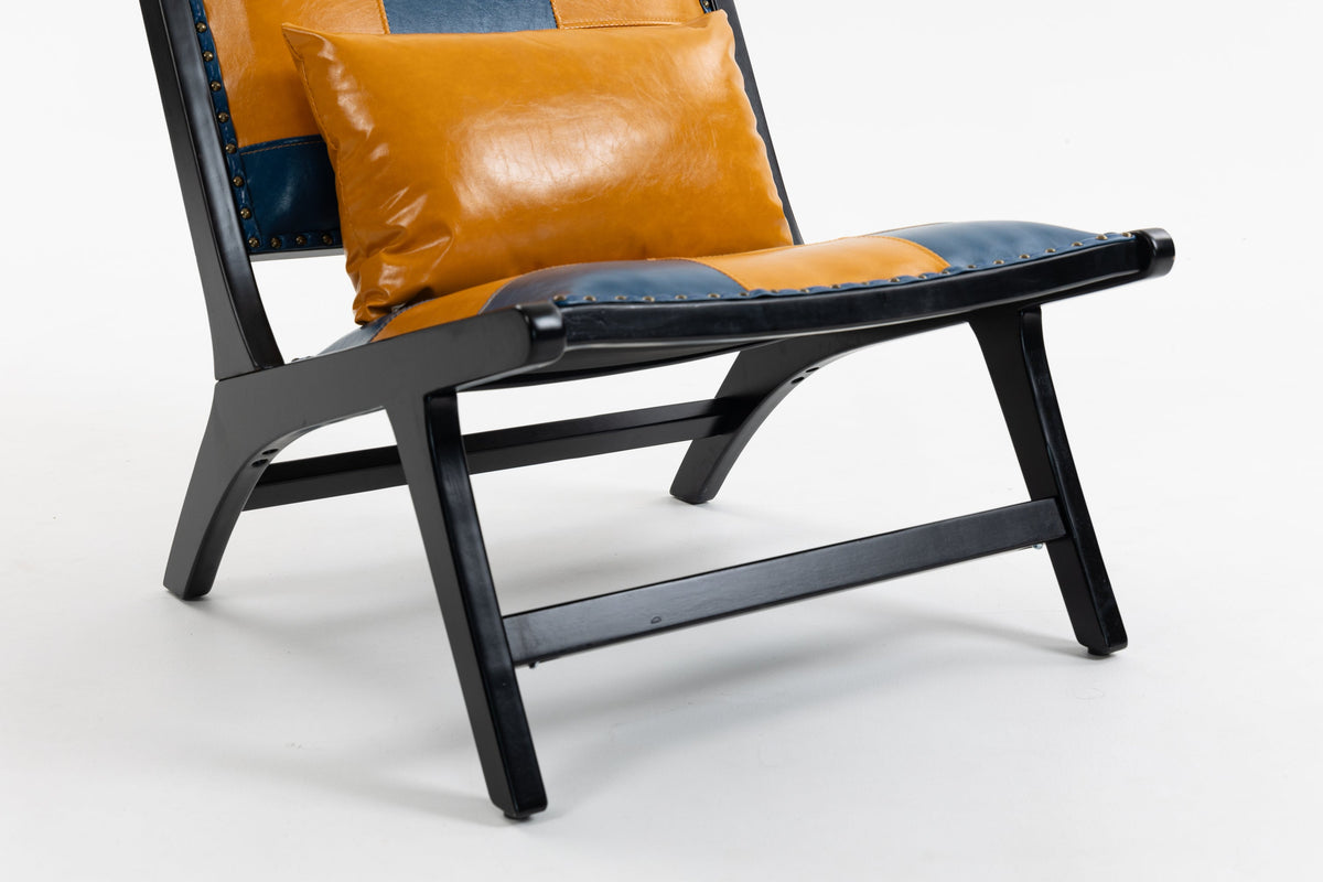 Blue and yellow Scandinavian PU leather accent chair.