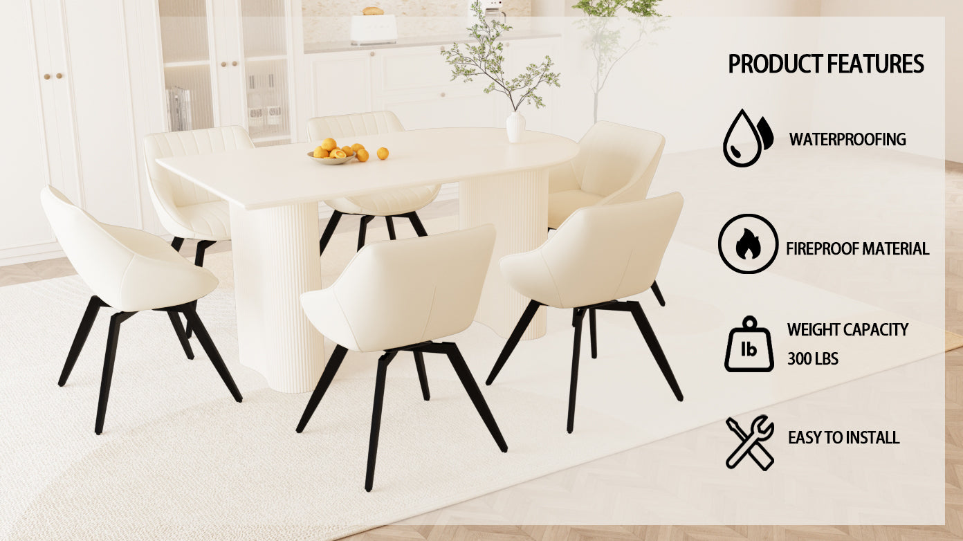 63" Elegant Cream MDF Dining Table with 6 Beige PU Dining Chairs and Black Metal Legs - Perfect for Kitchen & Home Use