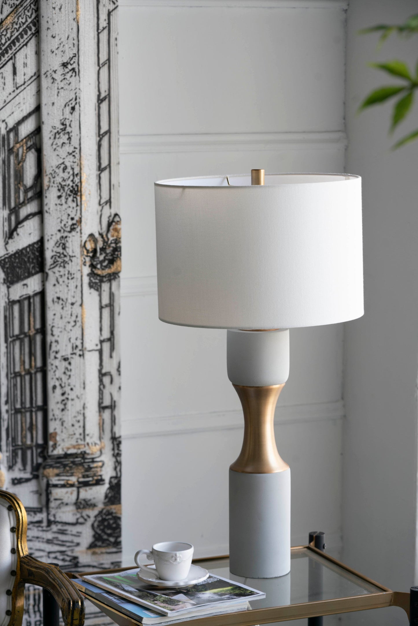 Industrial Cement And Metal Table Lamp White Gold Decor