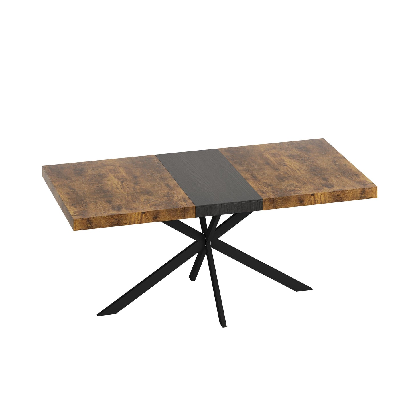 Expandable Retro Rectangular Dining Table with Antique Wood Top and Black Iron Base, Includes Storage Box, Seats 6