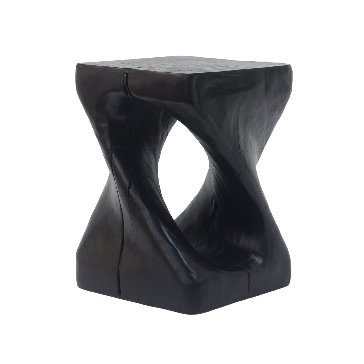 Black MGO side table with twist shape and wood grain texture.