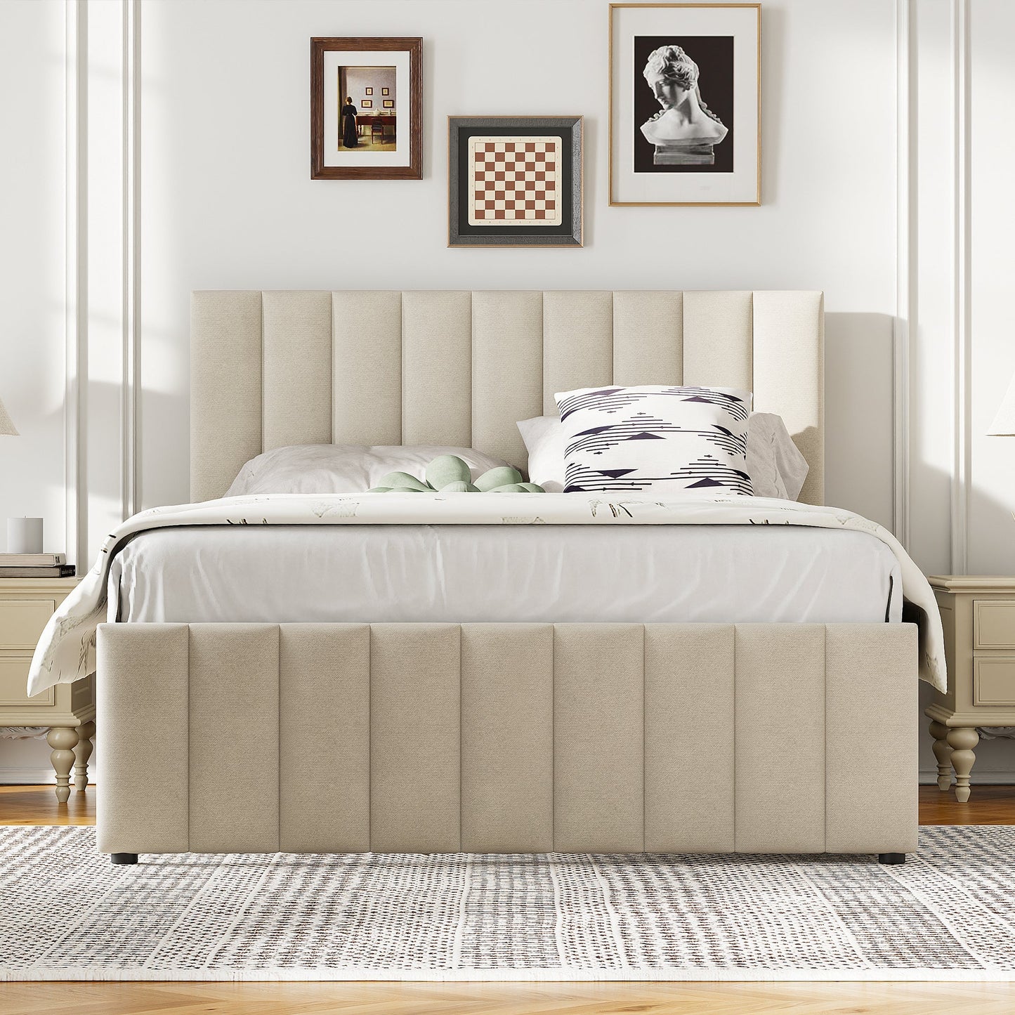 Full Size Upholstered Platform Bed with Trundle and Drawers