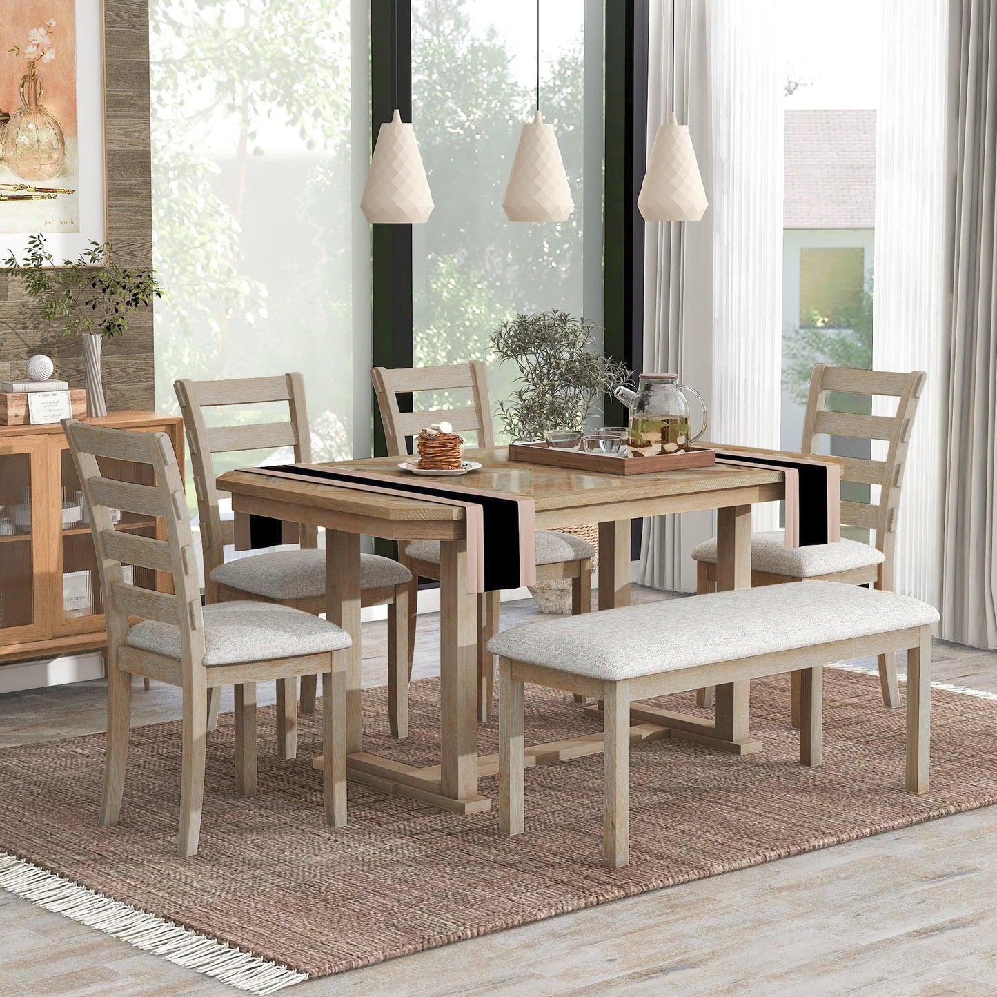 6-Piece Rubber Wood Dining Table Set with Soft Cushions