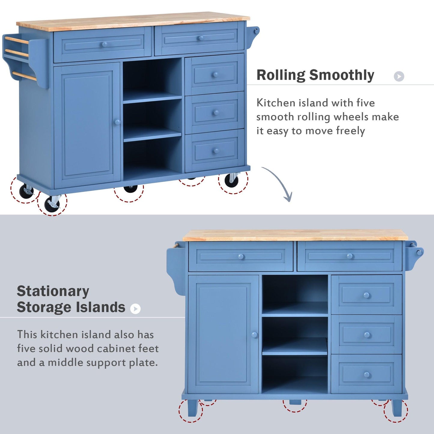 Blue Rolling Kitchen Island Cart with Rubber Wood Top and 5 Drawers for Storage - 53 Inch Length