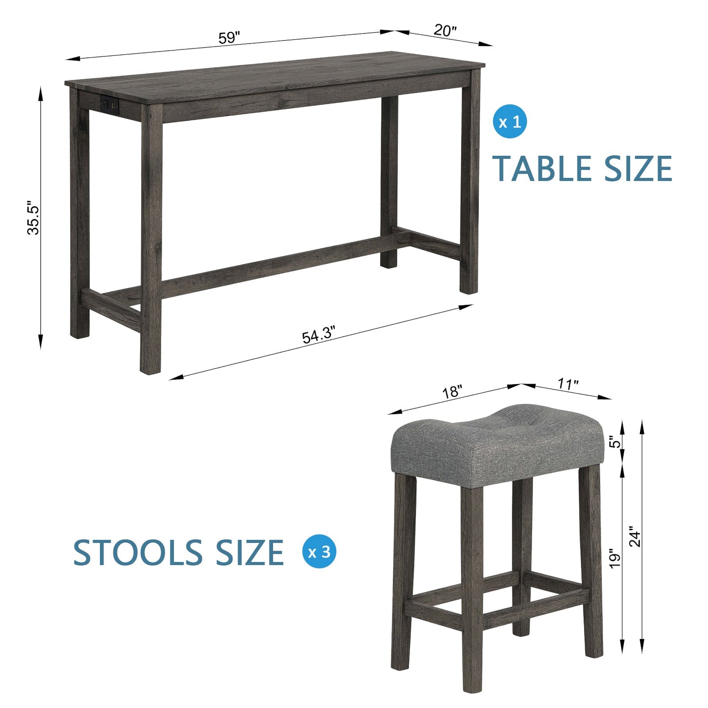 4 Piece Bar Table Set with Power Outlet Dark Gray Stools