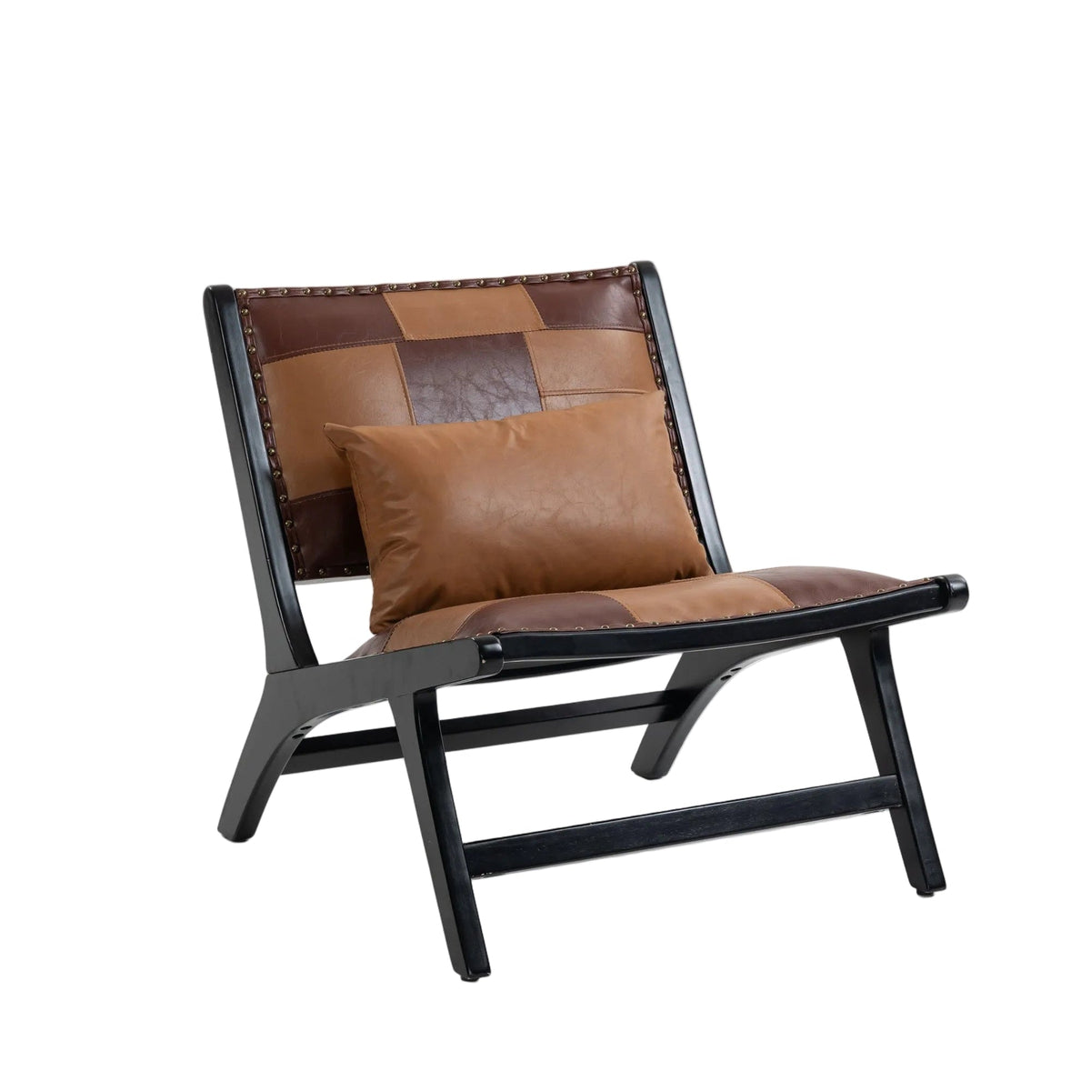 Brown PU leather armchair with modern boho Scandinavian style for living rooms.