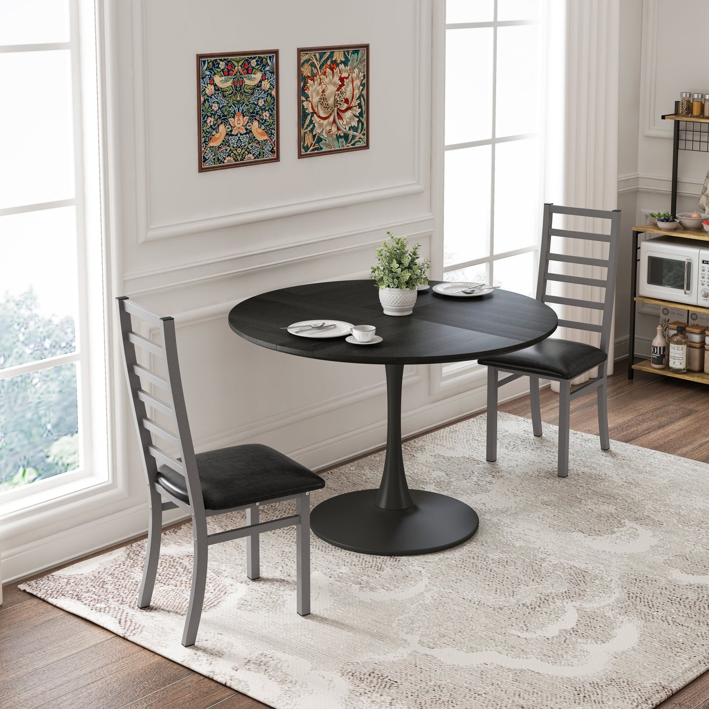 Compact 47-Inch Black Tulip Dining Table Set with 2 Gray Chairs for Small Spaces