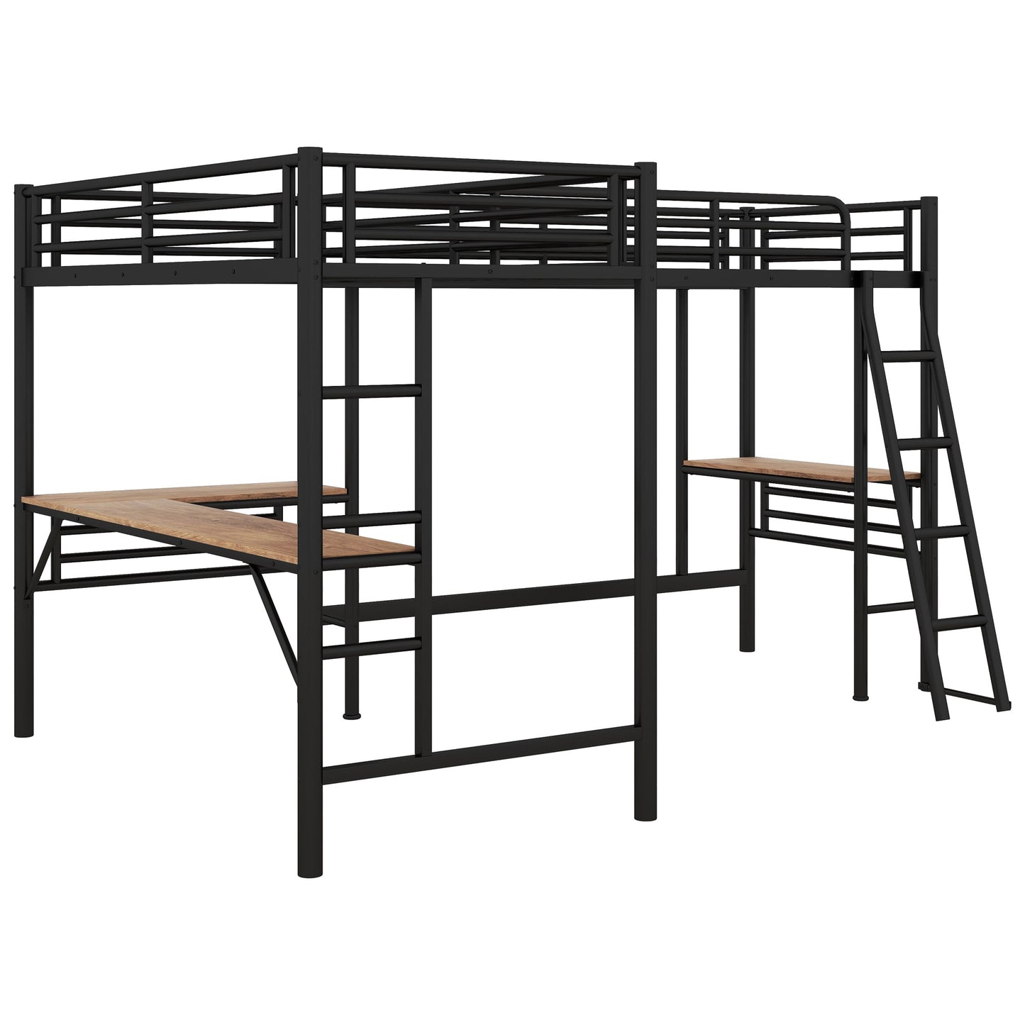 Twin Size Metal Loft Bed With Two Built-in Desks Black