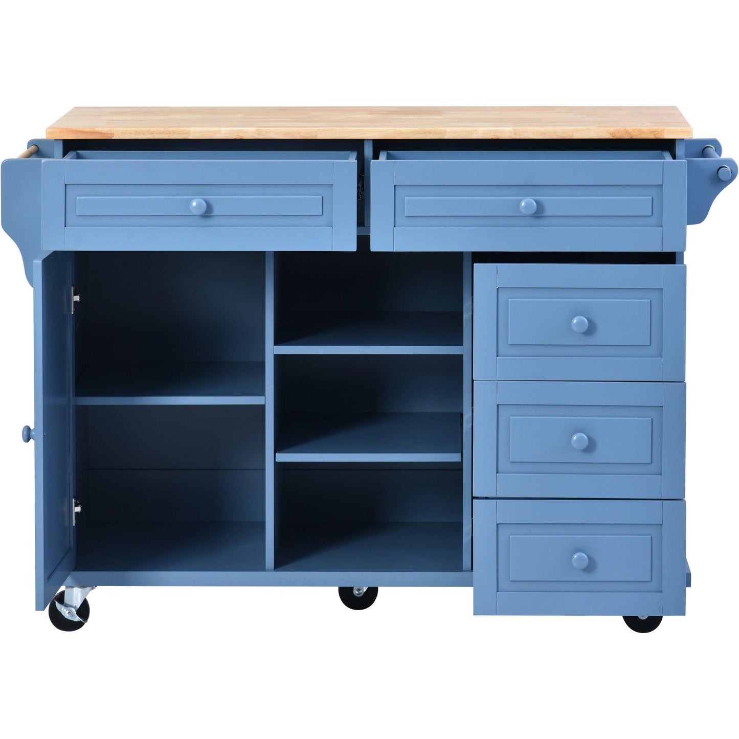 Blue Rolling Kitchen Island Cart with Rubber Wood Top and 5 Drawers for Storage - 53 Inch Length