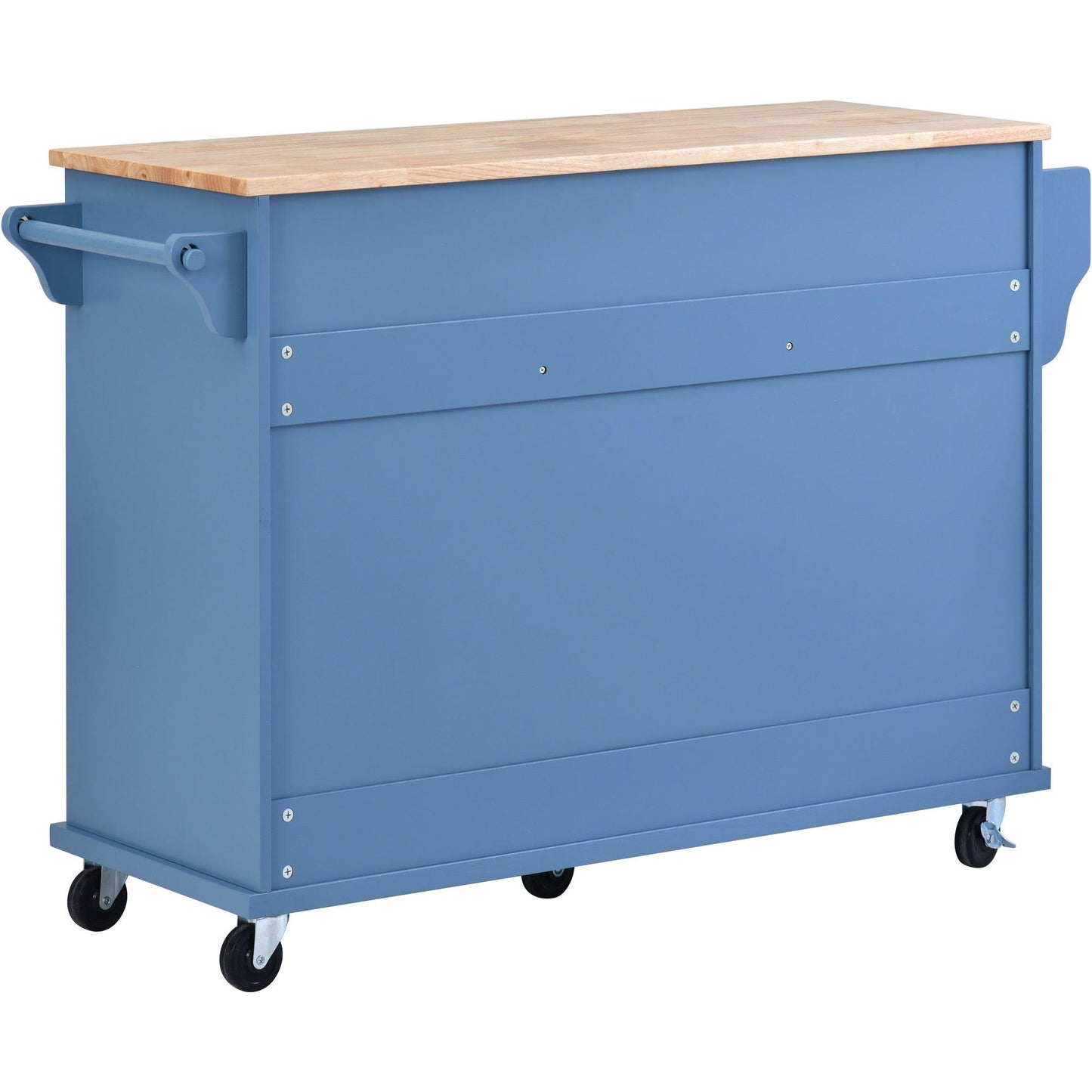 Blue Rolling Kitchen Island Cart with Rubber Wood Top and 5 Drawers for Storage - 53 Inch Length