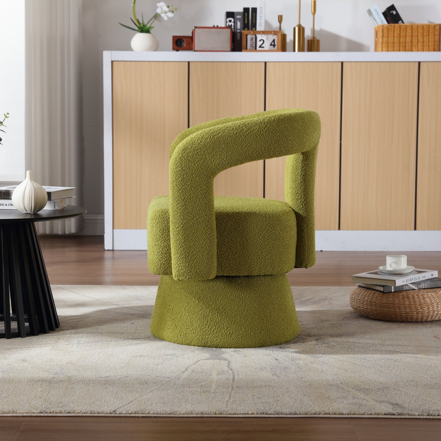 Olive Green Boucle 360-Degree Swivel Cuddle Barrel Chair