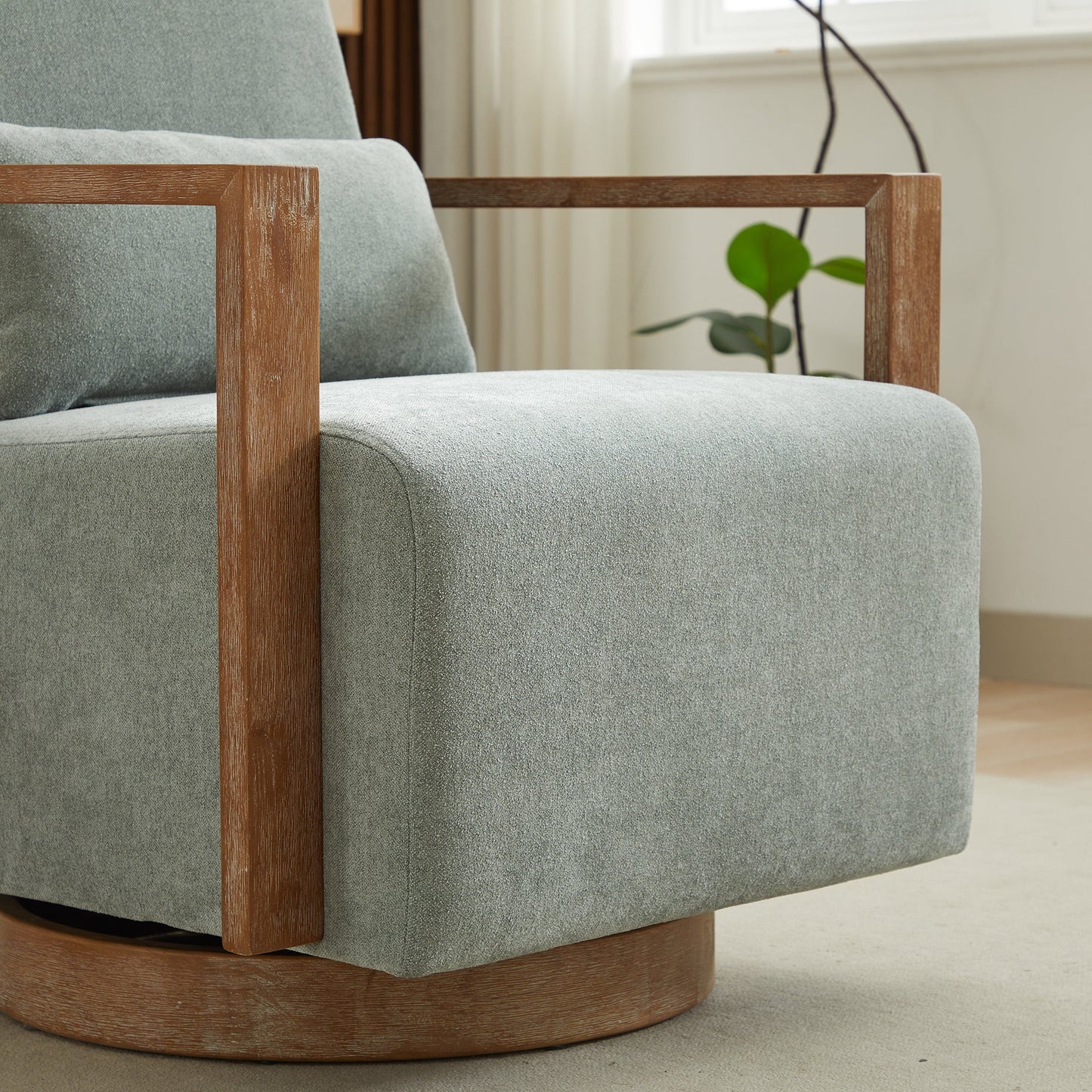 Contemporary Swivel Accent Chair with Solid Wood Armrests and Linen Blend Upholstery