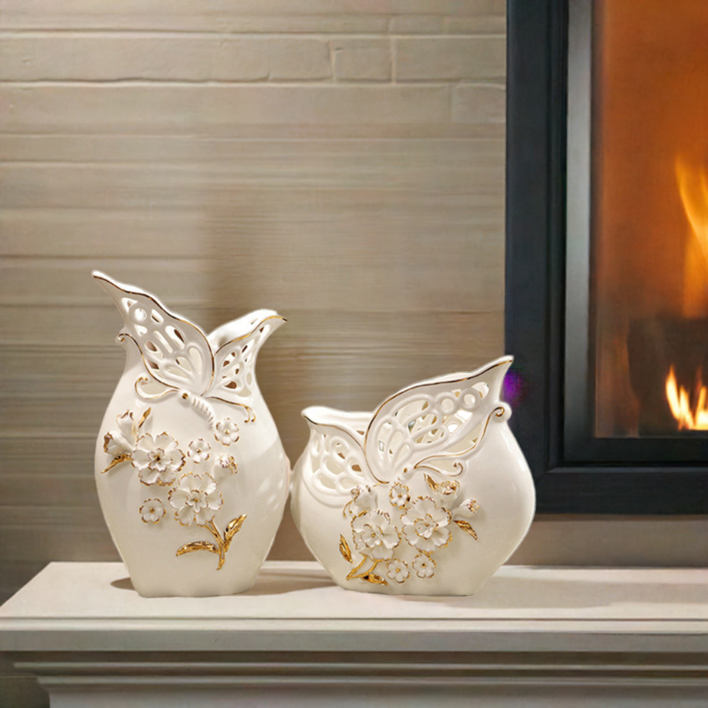Two white porcelain vases with gold accents, basket weave texture, and pinched flower details.