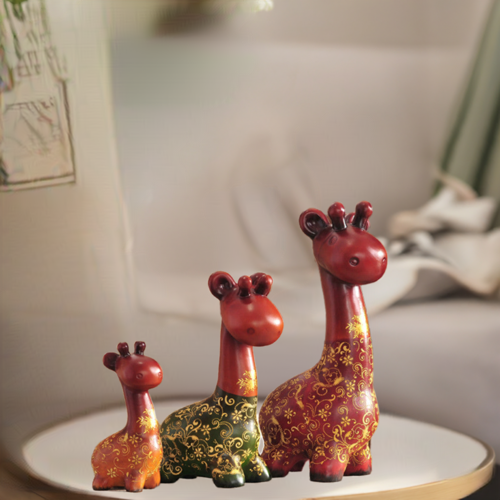 Hand-painted resin sculpture set of a colorful giraffe family.