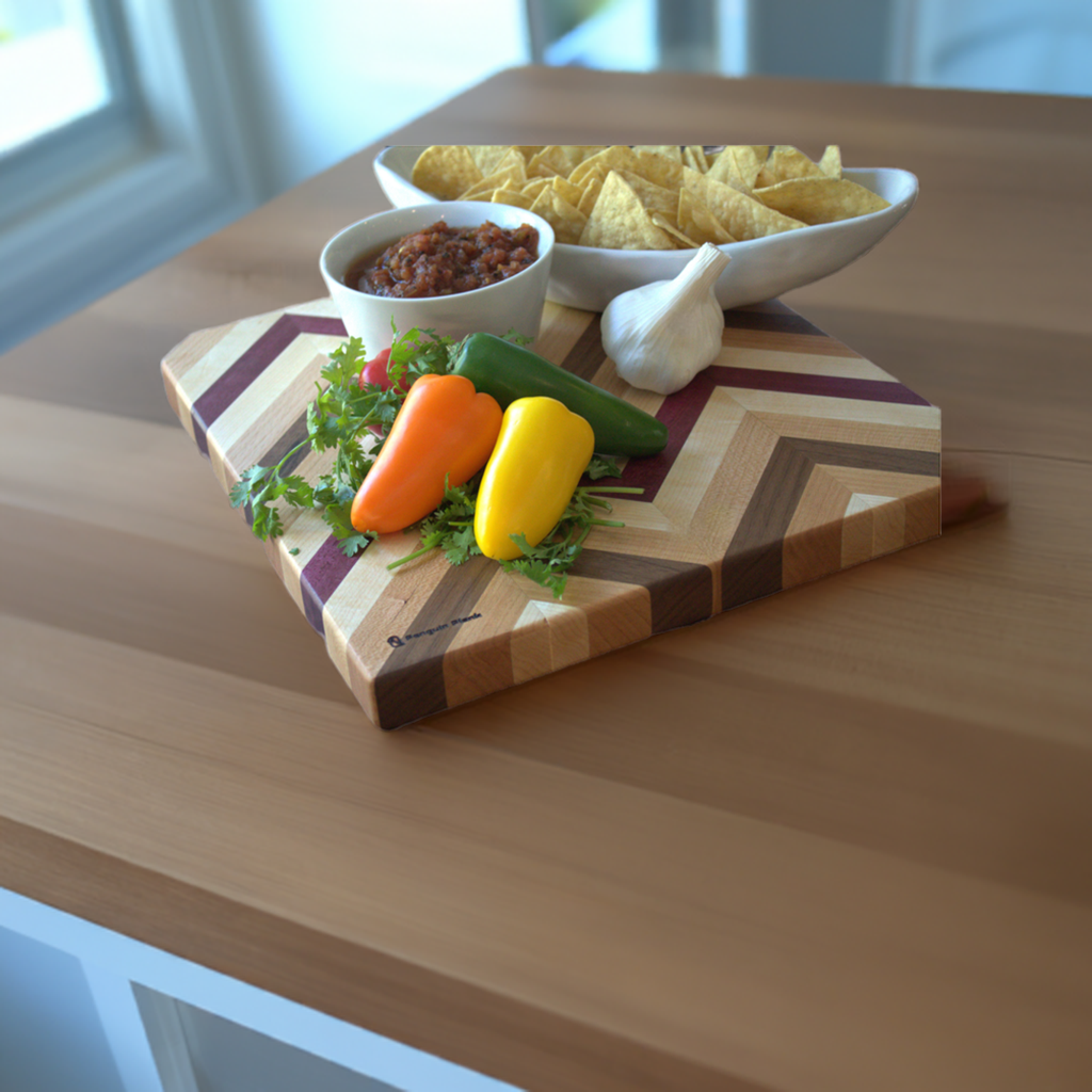 Purpleheart, maple, walnut, beech herringbone cutting board.