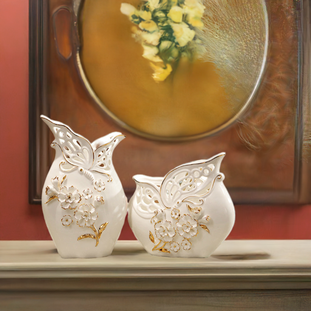 Set of 2 porcelain vases with basket weave, pinched flowers, and gold accents.