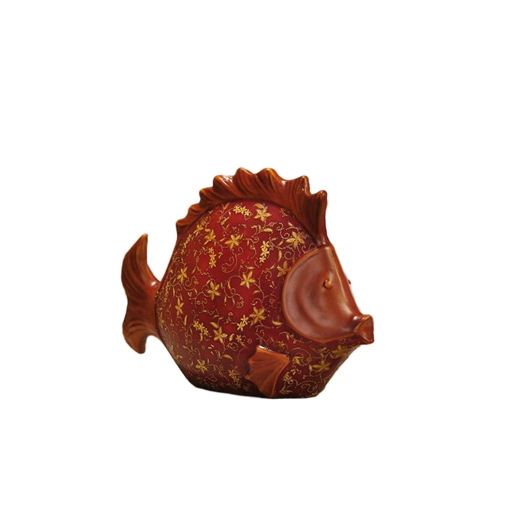 Large red resin fish sculpture hand-painted with gold patterns