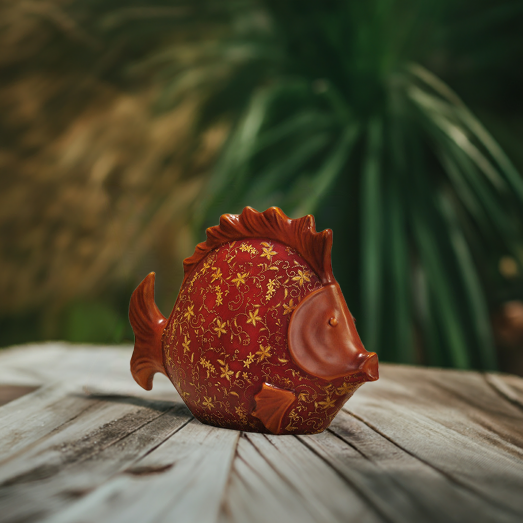 Large red resin fish sculpture hand-painted with gold patterns