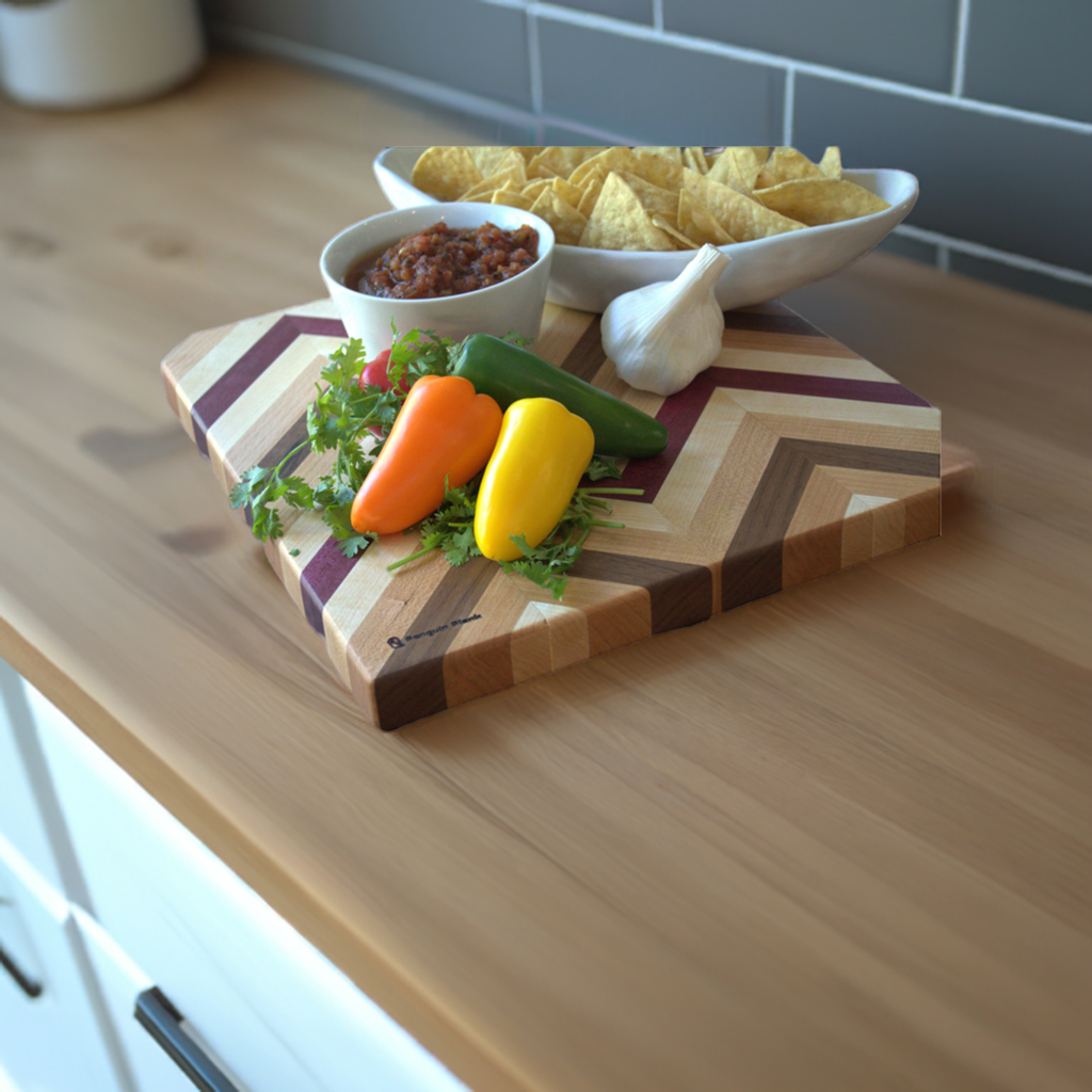 Herringbone cutting board made of purpleheart, hard maple, walnut, and beech wood.
