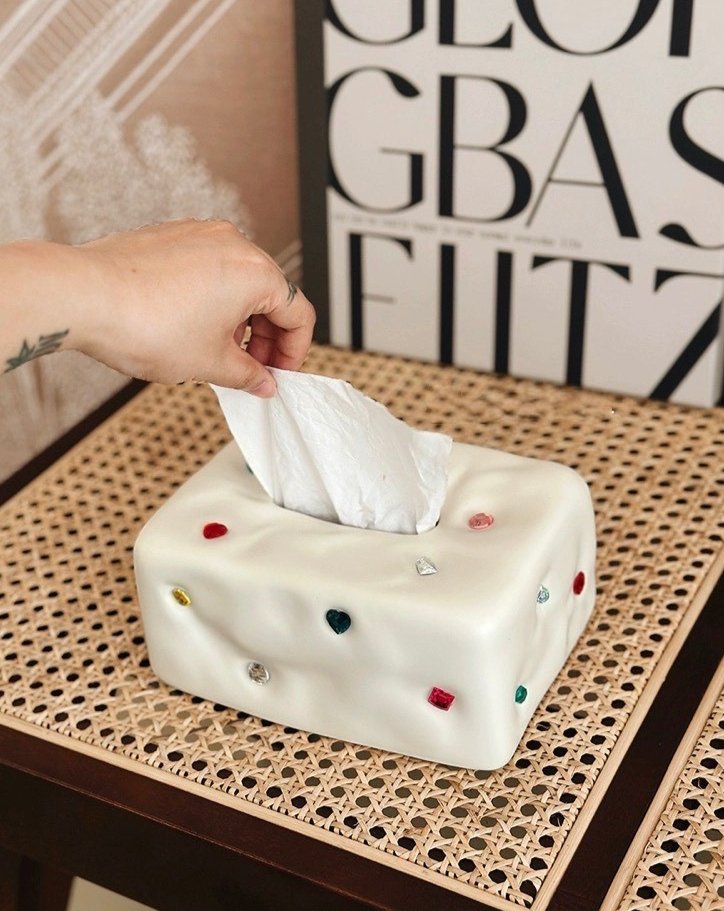 Artisan-Made Ceramic Tissue Box Cover with Gemstone Design