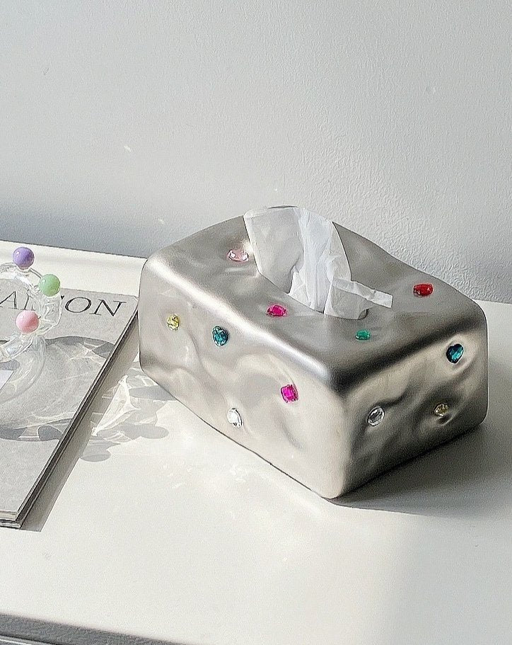 Artisan-Made Ceramic Tissue Box Cover with Gemstone Design