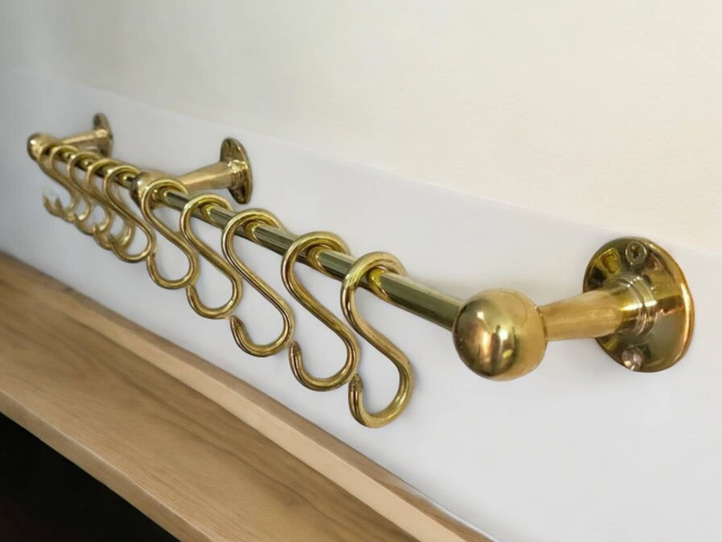 Elegant Unlacquered Brass Pot Rail with Hooks - A Stylish Kitchen Storage Solution