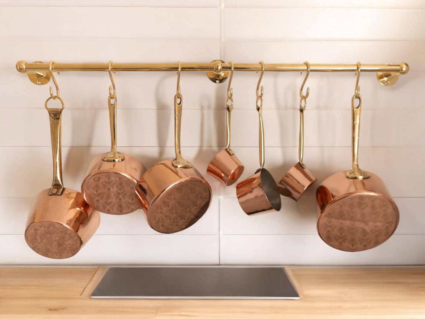 Elegant Unlacquered Brass Pot Rail with Hooks - A Stylish Kitchen Storage Solution