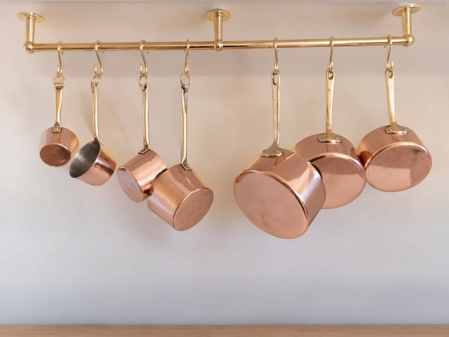 Elegant Unlacquered Brass Pot Rail with Hooks - A Stylish Kitchen Storage Solution