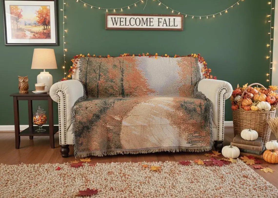 Orange leaves forest autumn tapestry throw blanket, 50x60 inches.
