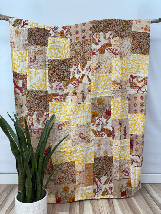 Handstitched twin size vintage kantha quilt made from colorful saris.