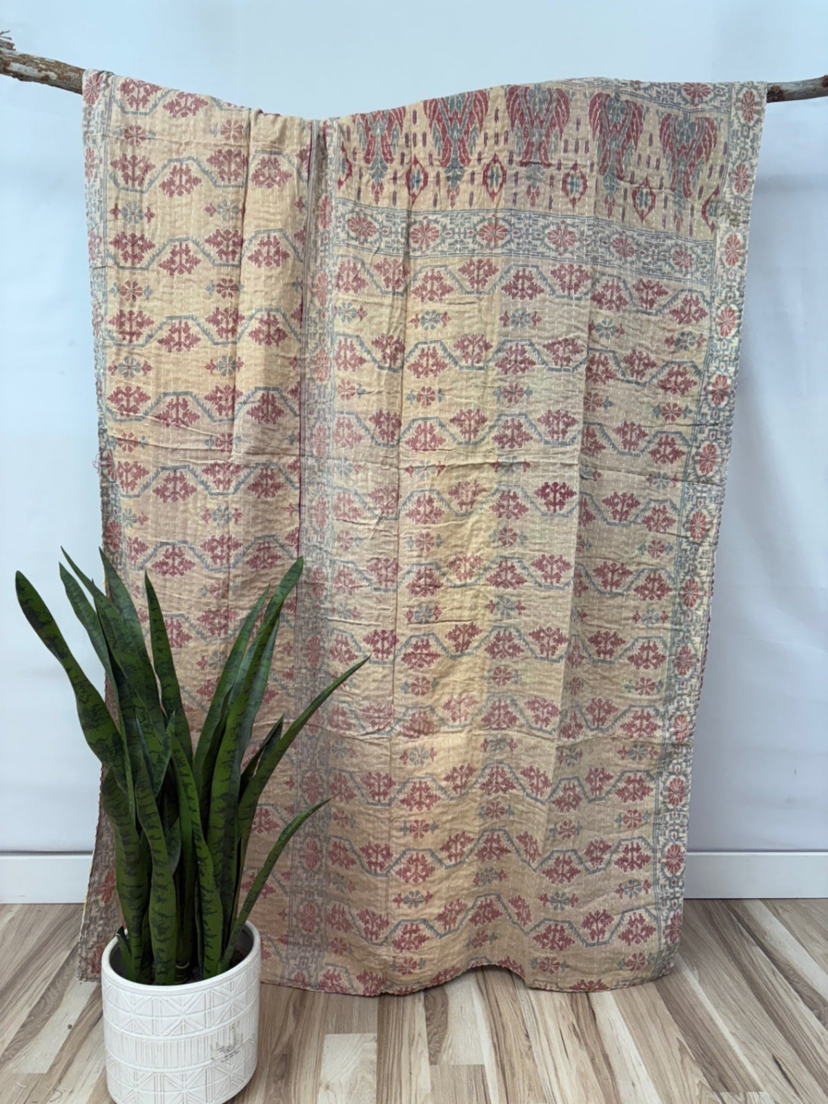 Handstitched twin size vintage Kantha quilt made from colorful saris.
