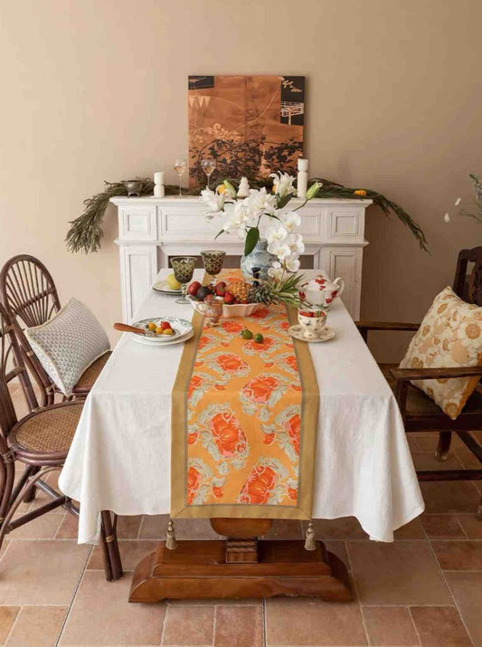 Elegant Italian Autumn Table Runner with Pumpkin Print and Tassels