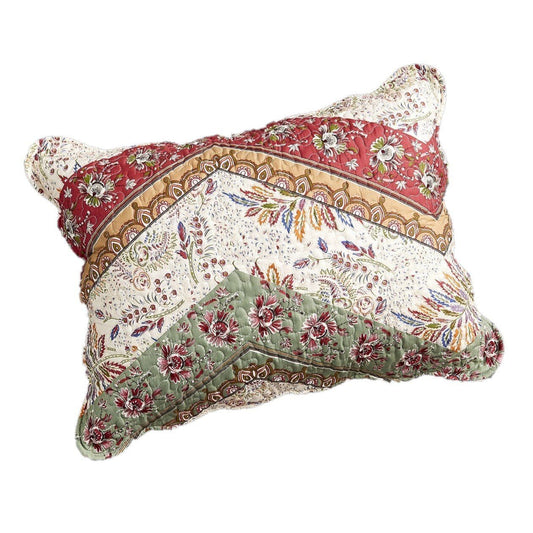 Bohemian cranberry sage chevron patchwork floral pillow sham close-up