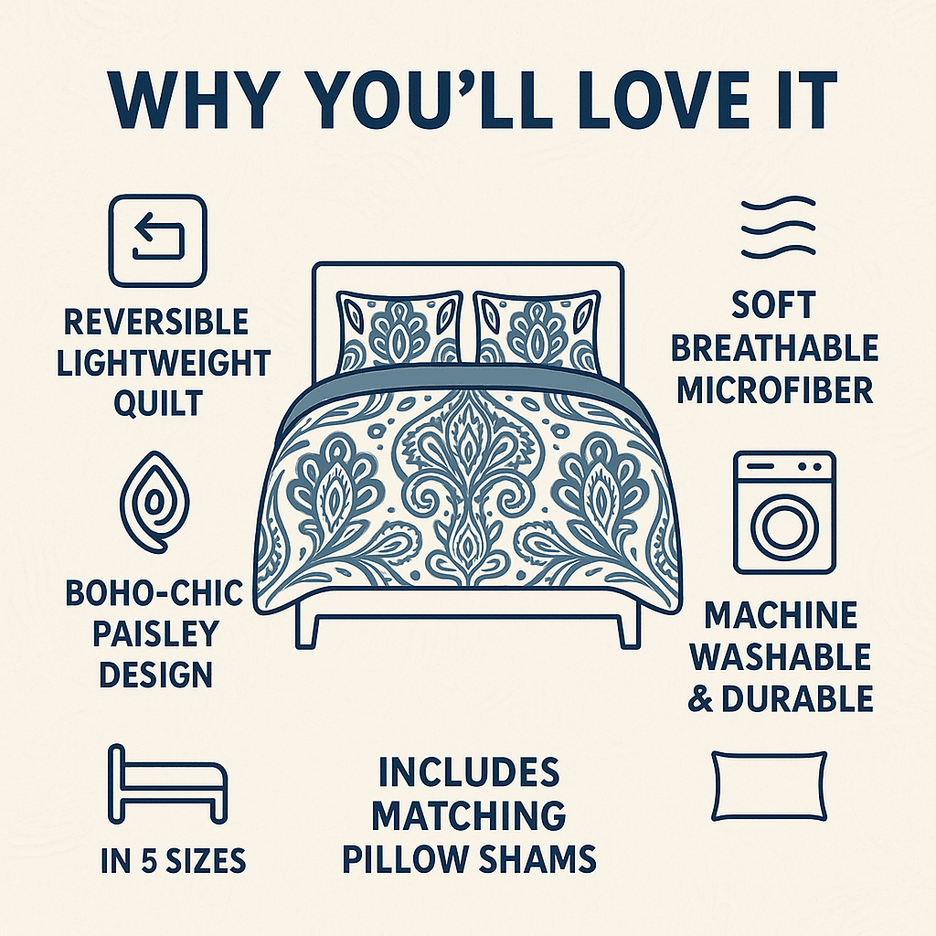 White and blue floral paisley Bohemian Summertime bedspread set by DaDa Bedding.