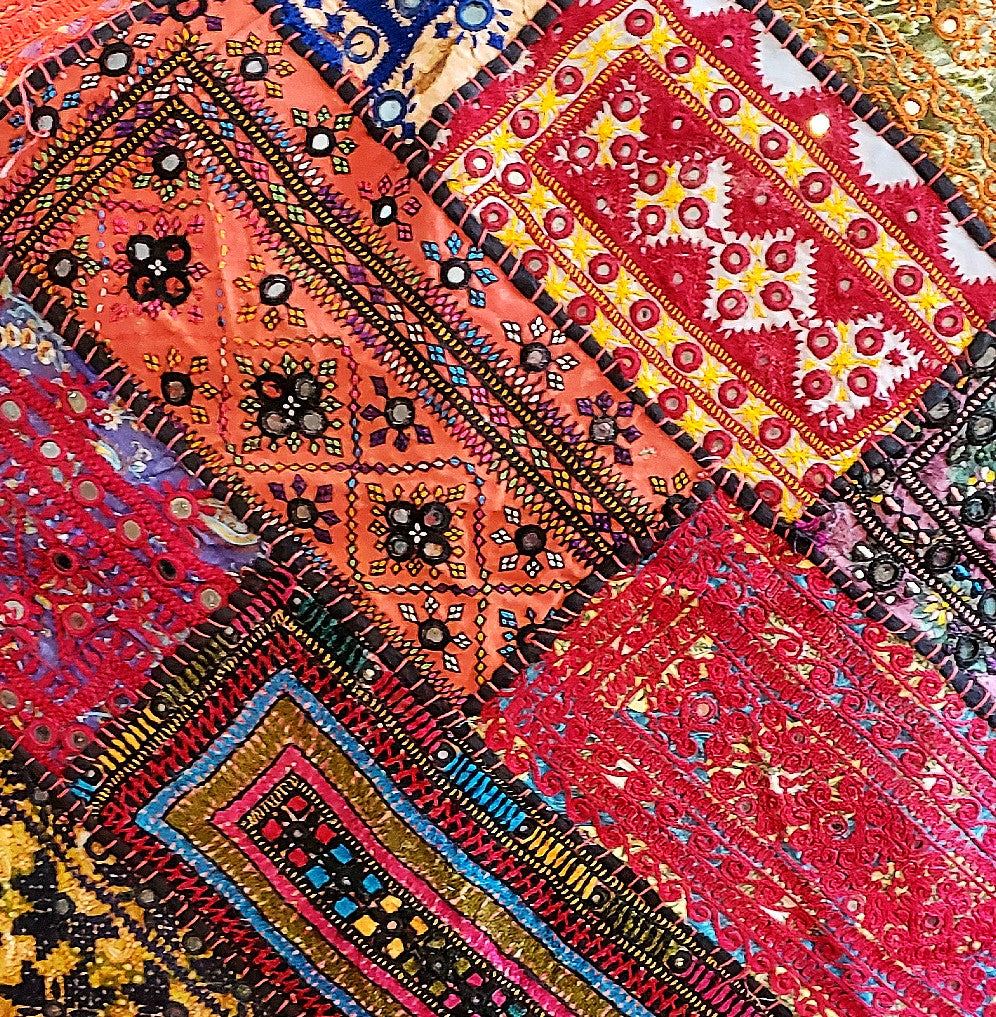 Banjara Patchwork Floor Pillow Cover Vintage Pakistani Cotton Mirror Work 28x28