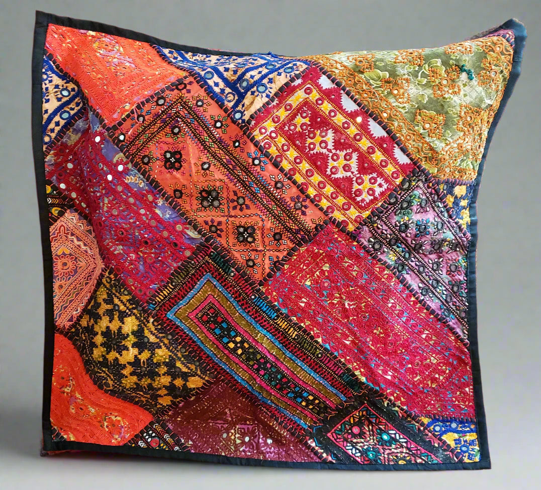Banjara Patchwork Floor Pillow Cover Vintage Pakistani Cotton Mirror Work 28x28