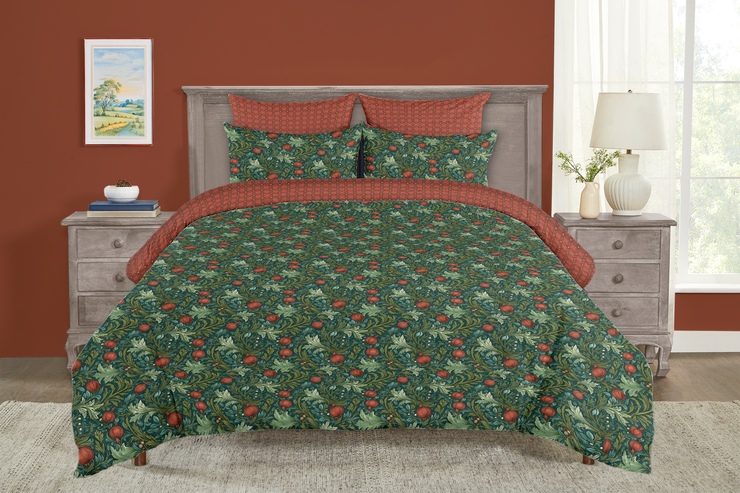 5 Piece Reversible Duvet Cover Set Cotton Blend Pomegranate